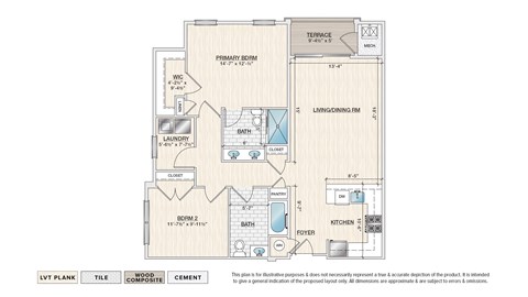 Floor plan for 2 beds, 2 baths, 1113 sqft